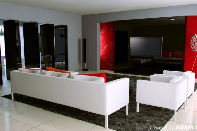 White Sofas Lounge with Red Wall Decoration