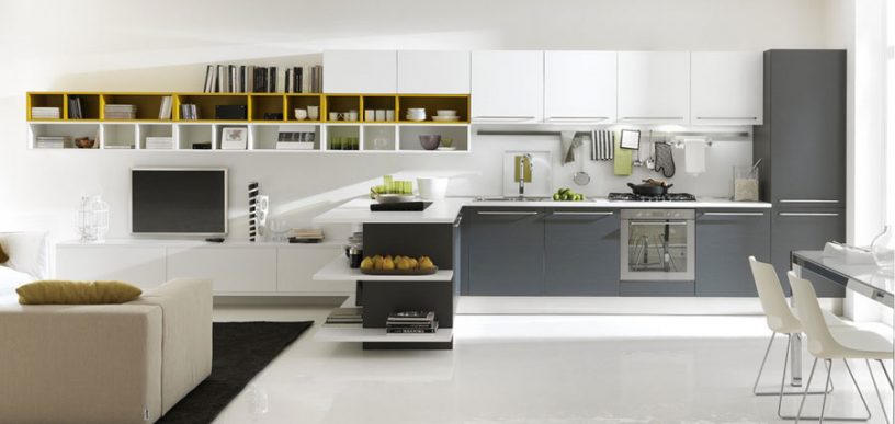 White and Grey Kitchen Open to Family Room