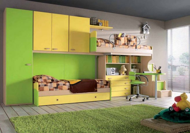 Yellow and Green Teen Room with Twin Bunk Beds Furniture