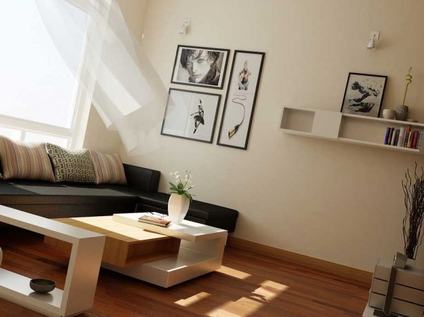 Awesome Living Room with Black Sofas and Wood Floor