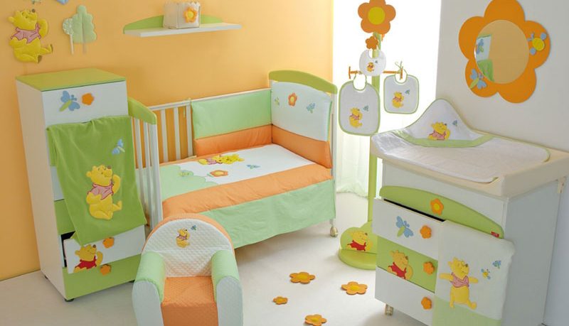 Baby Crib Furniture Set with Orange and Green Winnie the Pooh Decor