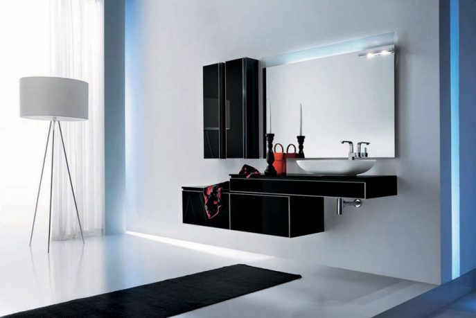 Beautiful White Bathroom with Black Furniture Sets