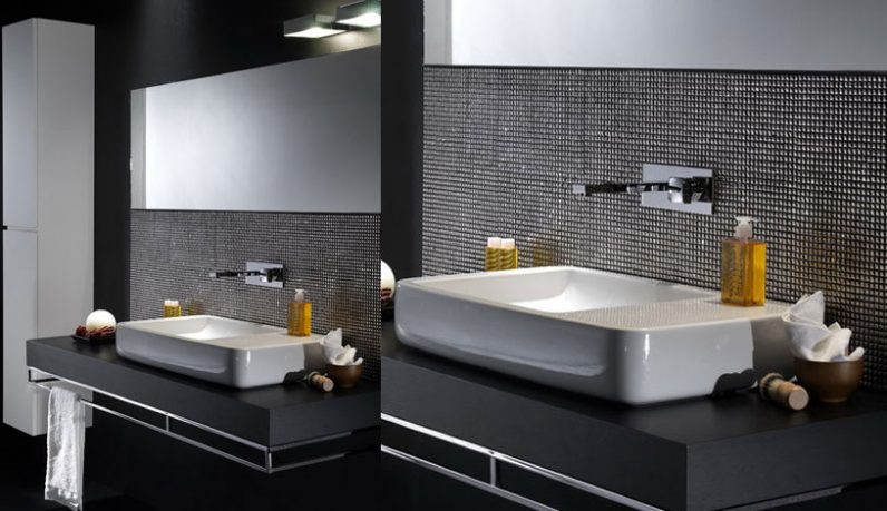 Beutiful White Bathroom Sink with Tile Wall Decor