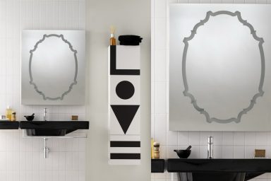Black Sinks in White Wall Decor with Unique Mirror Design