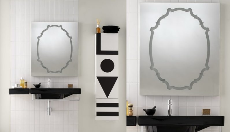 Black Sinks in White Wall Decor with Unique Mirror Design
