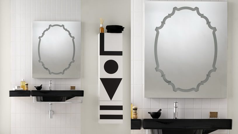 Black Sinks in White Wall Decor with Unique Mirror Design