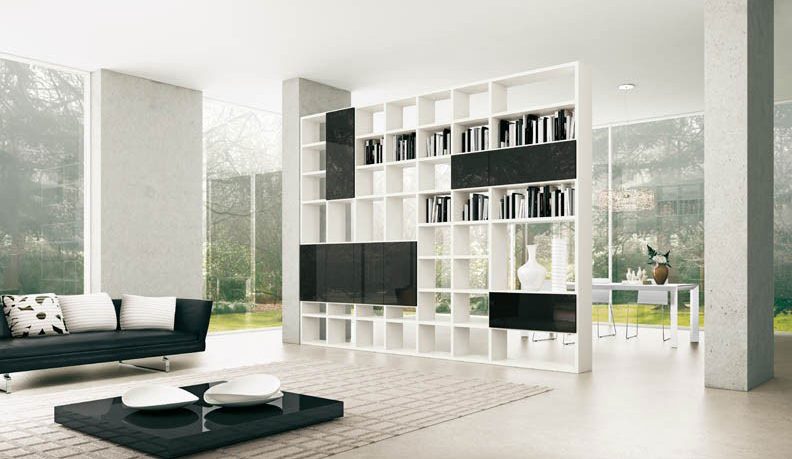 Black and White Open Shelving Unit To Separate Room