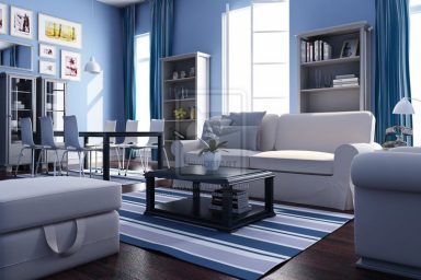 Blue White Beach House Living Room with Striped Rug