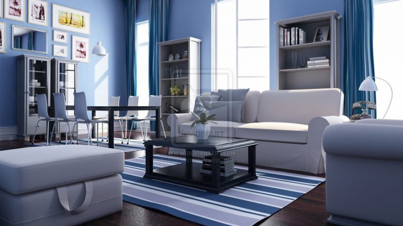Blue White Beach House Living Room with Striped Rug