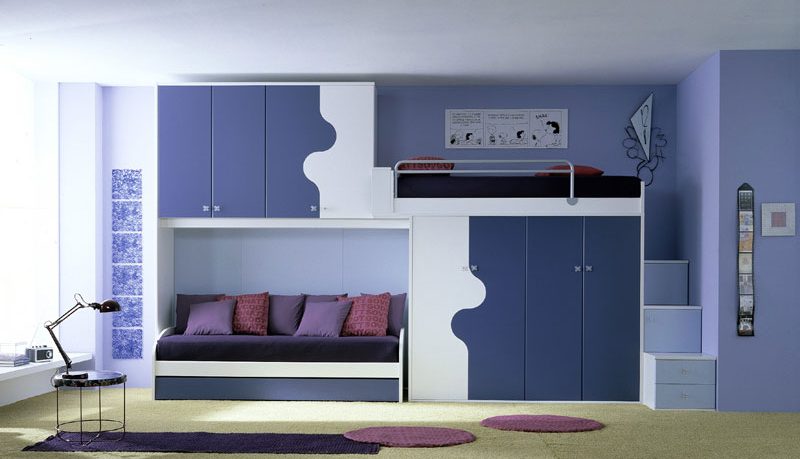 Blue, White and Violet Bunk Beds with Sofa Bed