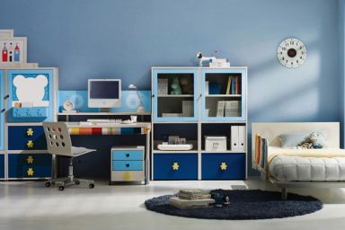 Blue and White Students Bedroom Furniture with Mickey Mouse Wall Mirror Ideas