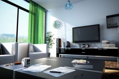 Bold and Sharp Living Room with Green Curtains