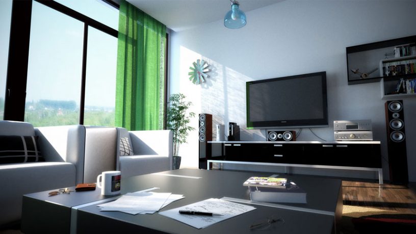 Bold and Sharp Living Room with Green Curtains