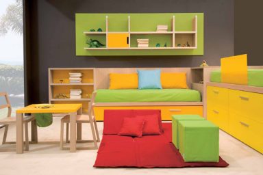 Brown, Yellow and Green Kids Room with Red Rugs