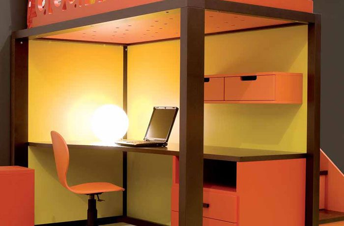 Brown, Yellow and Orange Kids Room with Study Desk Under Bed