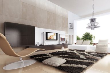 Cream Colored Living Room with Shag Rug and Funky Furniture
