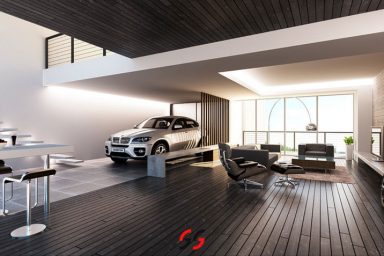 Dark Brown Wood Paneled Living Room with BMW Car