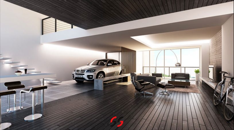 Dark Brown Wood Paneled Living Room with BMW Car