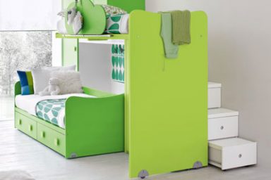 Ergonomic Sliding Green Bunk Beds in Kids Room Design