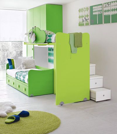 Ergonomic Sliding Green Bunk Beds in Kids Room Design