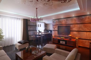 Exotic Living Room with Wood Paneling Wall Gold Color