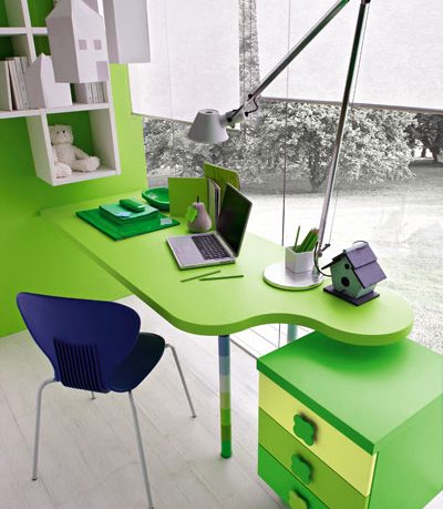 Fresh Green Study Desk with Blue Chairs by Stemik Living
