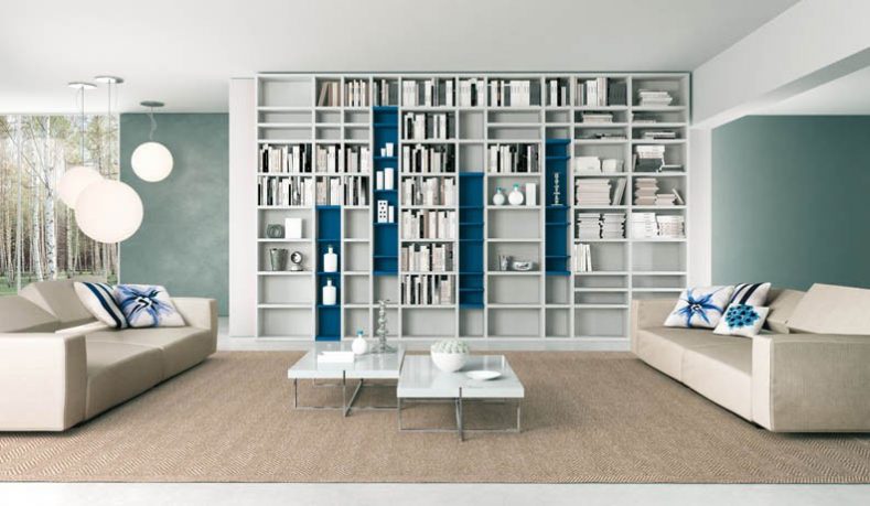 Grey and Blue Book Shelves Living Room