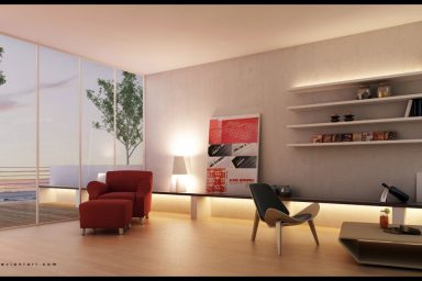 Living Room with Balcony View and Streamlined Shelves