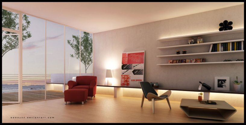Living Room with Balcony View and Streamlined Shelves