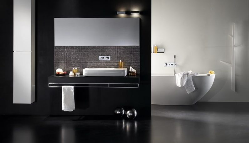 Minimalistic White Bathtub in Black Bathroom Design Inspirations