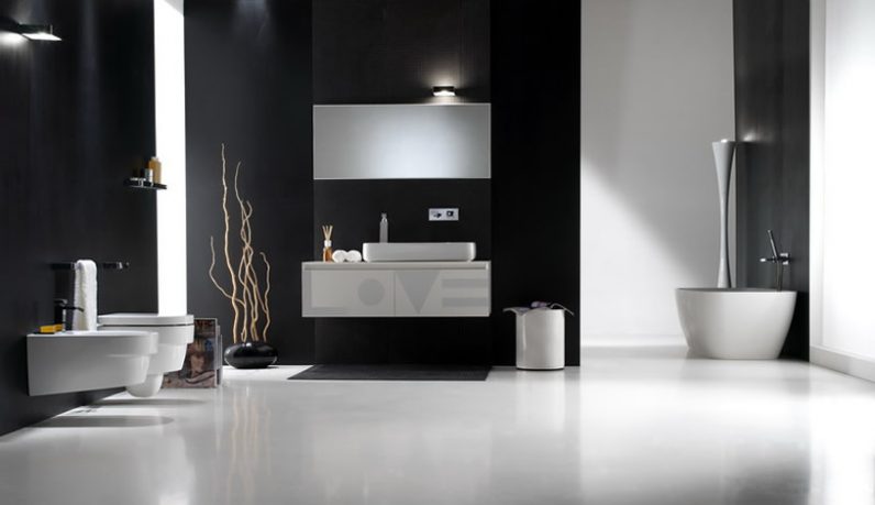 Modern Black Bathroom with White Floor and Accessories