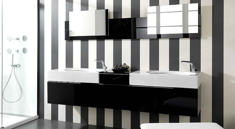 Modern Black and White Bathroom Sinks with Striped Wall