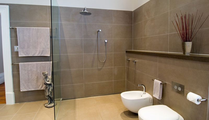 Modern Brown Bathroom with Glass Wall Separate