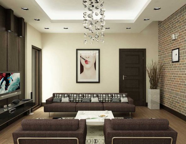 Modern Brown and White Living Room with Brick Wall Decor