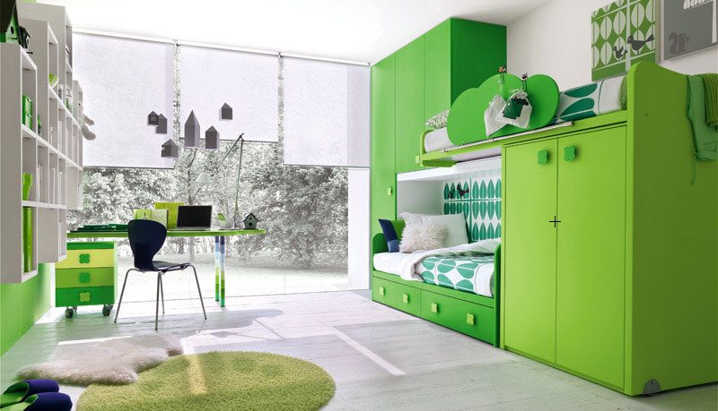 Modern Green Kids Room with Study Desk and Glass Wall