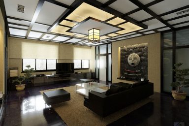 Modern Japanese Style Living Room with Japanese Style Ceiling and Bonsai Decor
