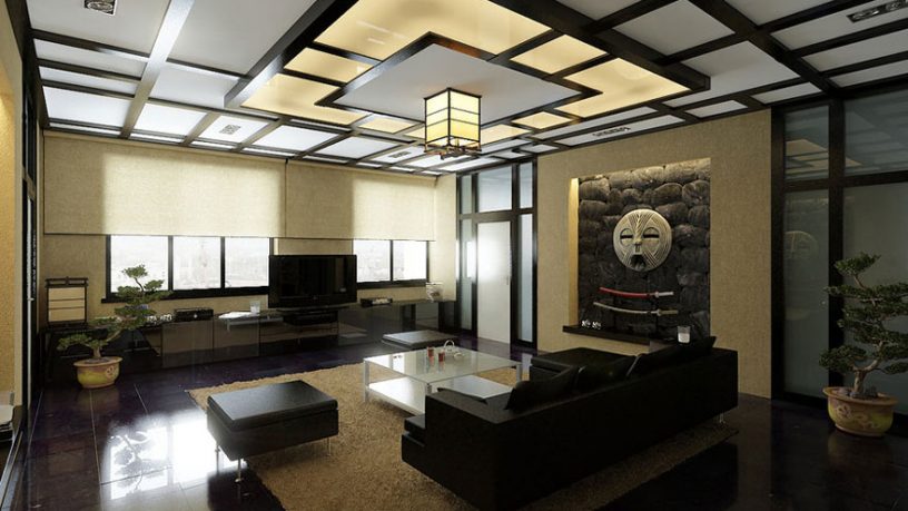Modern Japanese Style Living Room with Japanese Style Ceiling and Bonsai Decor
