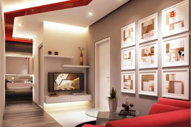 Modern Living Room Combines White and Red Ceiling Vibe