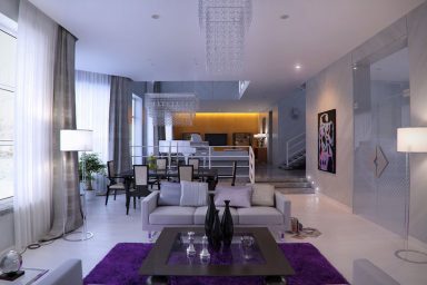 Modern Marble Living Room with the Pops of Purple and Yellow Color