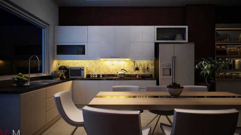Modern Open Kitchen with Ceramic Tile Backsplash