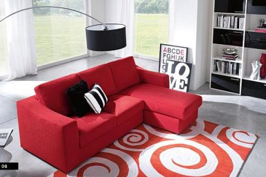 Modern Red Sofa in Living Room with Square Rugs