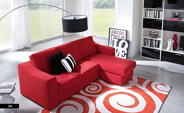 Modern Red Sofa in Living Room with Square Rugs