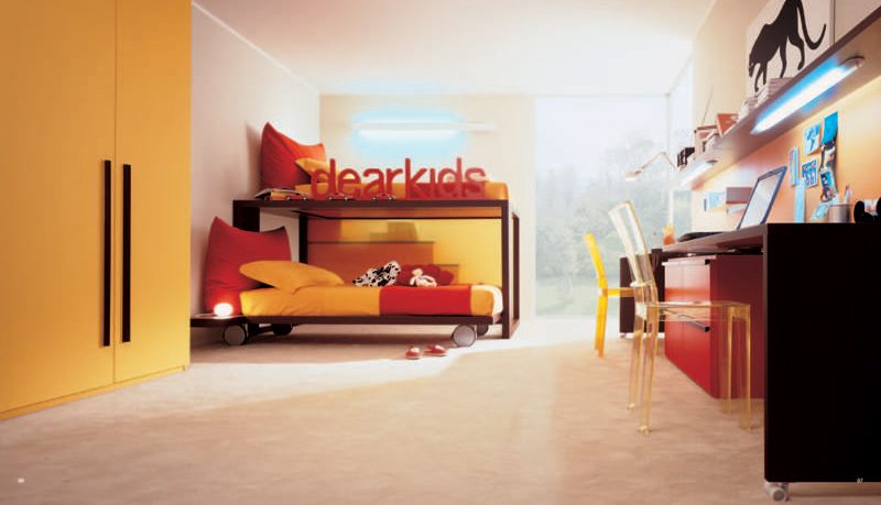 Modern Red and Yellow Bunk Beds with Study Desk