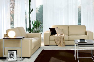 Modern Western Living Room with Beige Leather Sofa and Brown Rugs