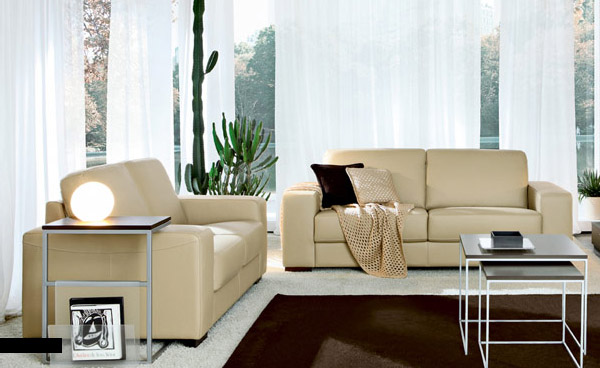 Modern Western Living Room with Beige Leather Sofa and Brown Rugs