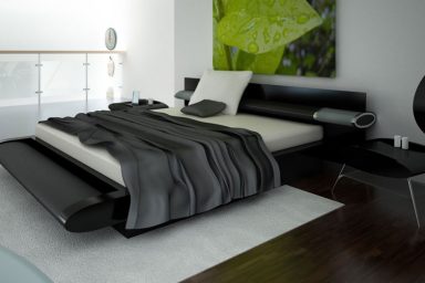 Modern and Elegant Black Bedroom with White Rugs