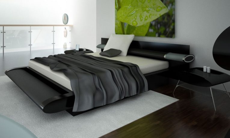 Modern and Elegant Black Bedroom with White Rugs