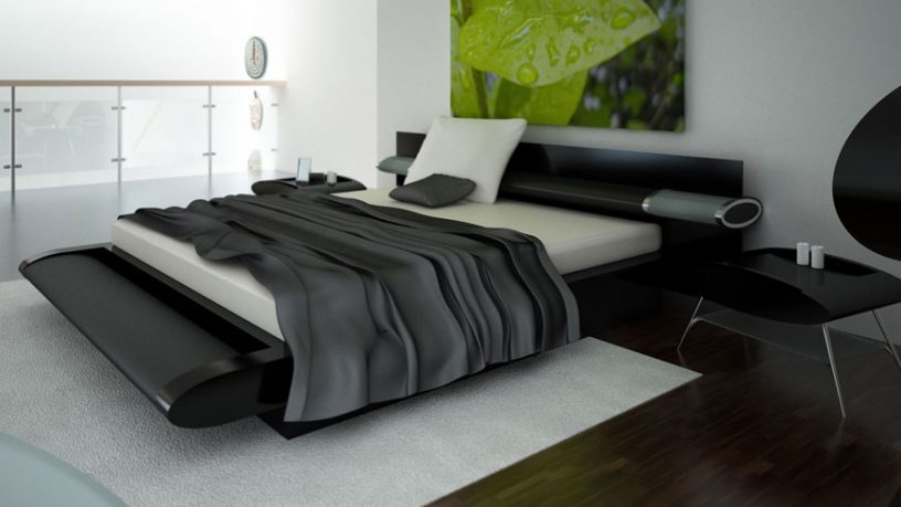 Modern and Elegant Black Bedroom with White Rugs