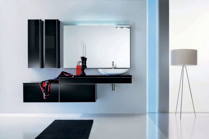 Onyx Modern Black Bathroom Furniture with Large Mirror and Black Rug