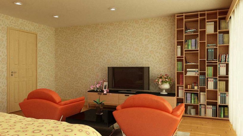 Orange Sofa in Bedroom with LCD TV by Nguyen